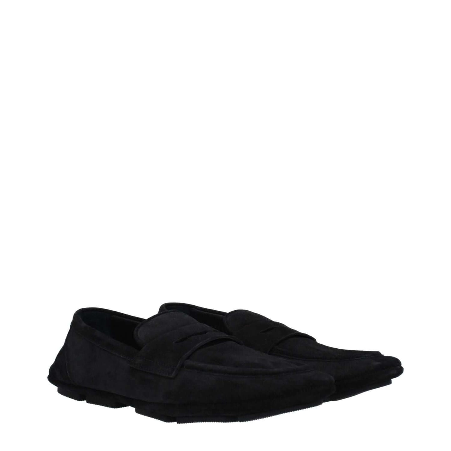 Dolce & Gabbana Black Leather Slip-On Loafers with rubber sole, round toe, low heel, featuring a back logo. Casual style footwear.