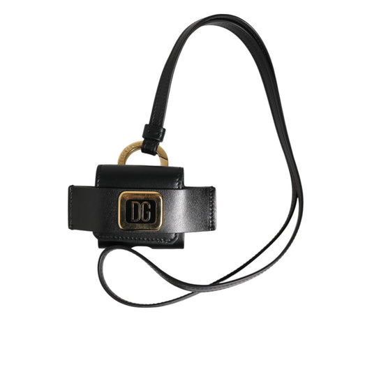 Dolce & Gabbana Black Leather Strap Gold Metal DG Logo Plaque Airpods Case with minor logo scratches.