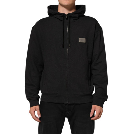 Dolce & Gabbana Black Logo FullZip Hooded Sweatshirt Sweater featuring full-zip design and iconic logo, worn by a model.