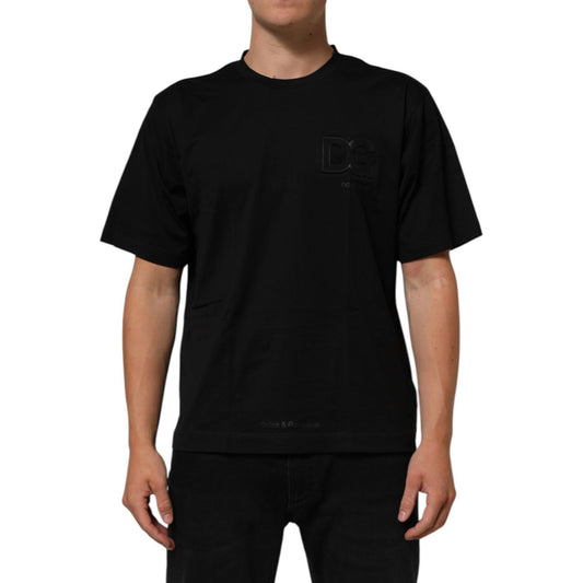 Dolce & Gabbana Black Logo Patch Cotton Men Crew Neck T-shirt with short sleeves and sleek black design.