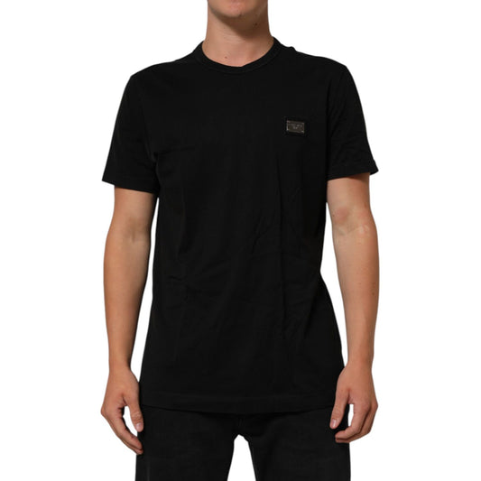 Dolce & Gabbana Black Logo Plaque Cotton Crew Neck T-shirt on a model, showcasing premium cotton and sleek designer logo detail.