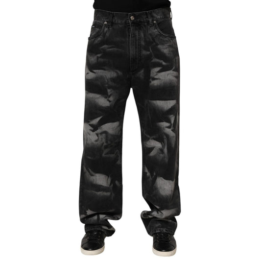 Dolce & Gabbana Black Marbled Effect Straight Men Denim Jeans in premium cotton with five-pocket design and zip-button closure.