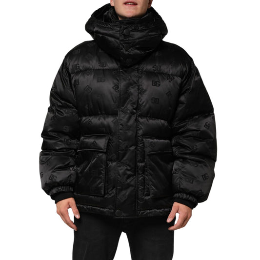 Dolce & Gabbana Black Monogram Logo Puffer Nylon Hooded Jacket with DG design, front zip, and large pockets