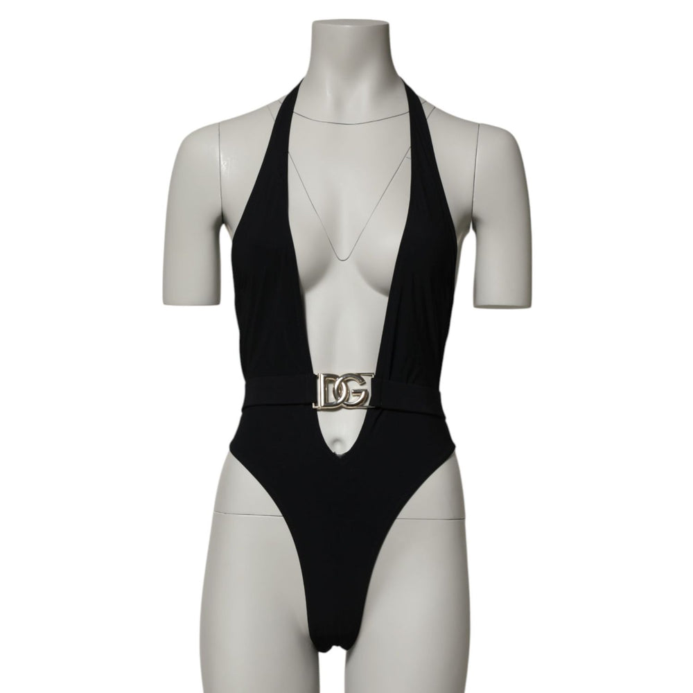 Dolce & Gabbana Black Nylon Deep V-Neck One Piece Swimwear