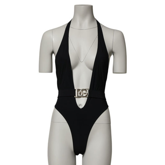 Dolce & Gabbana Black Nylon Deep V-Neck One Piece Swimwear with logo detail, sleek silhouette, and modern design elegance.