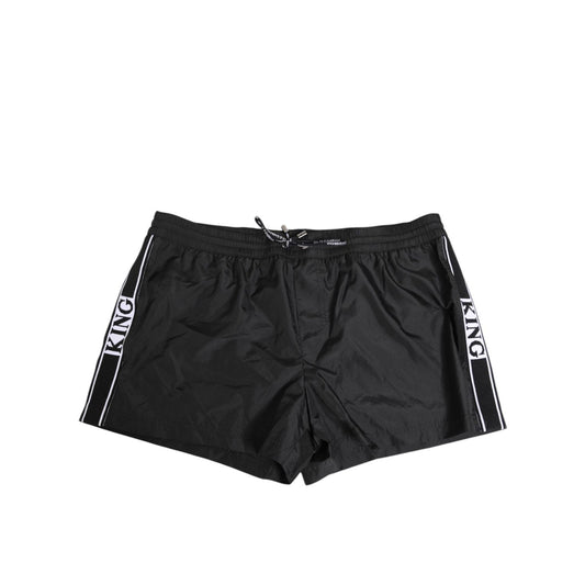 Dolce & Gabbana Black Nylon KING Sideband Men Boxer Shorts Swimwear with elastic waistband and KING logo sidebands.