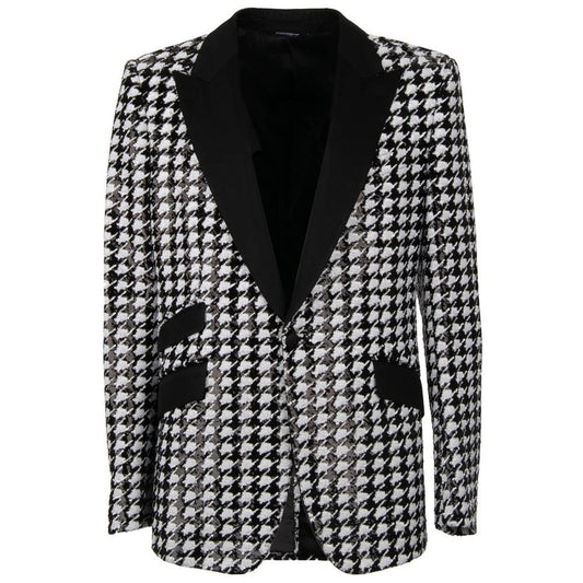 Dolce & Gabbana Black Polyester Blazer with houndstooth pattern, sequin lining, peak lapel, one-button closure, three flap pockets.