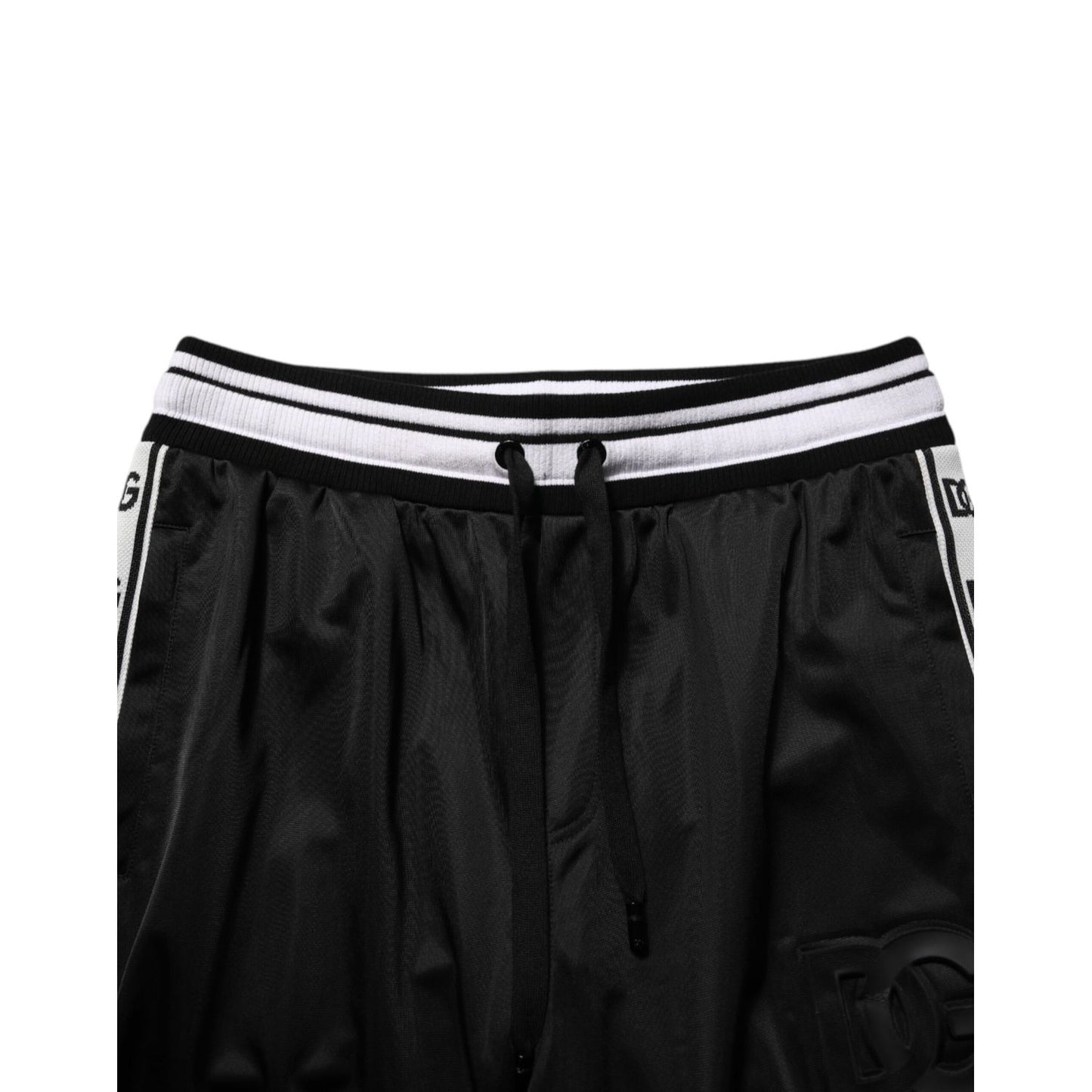 Dolce & Gabbana Black Polyester Logo Stripe Track Jogger Pants with drawstring and side stripes featuring DG logo.