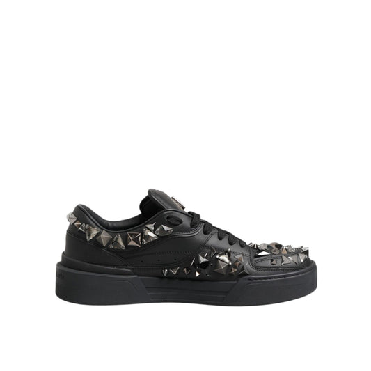 Dolce & Gabbana Black Portofino Studded Men Sneakers Shoes with studded detailing on black leather, featuring signature Portofino silhouette.