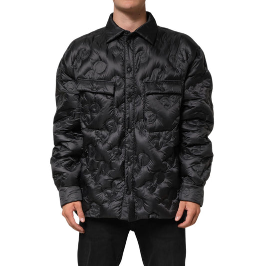Dolce & Gabbana Black Quilted DG Logo Nylon Puffer Jacket with rose embossed pattern and flap chest pockets, oversized fit for layering.