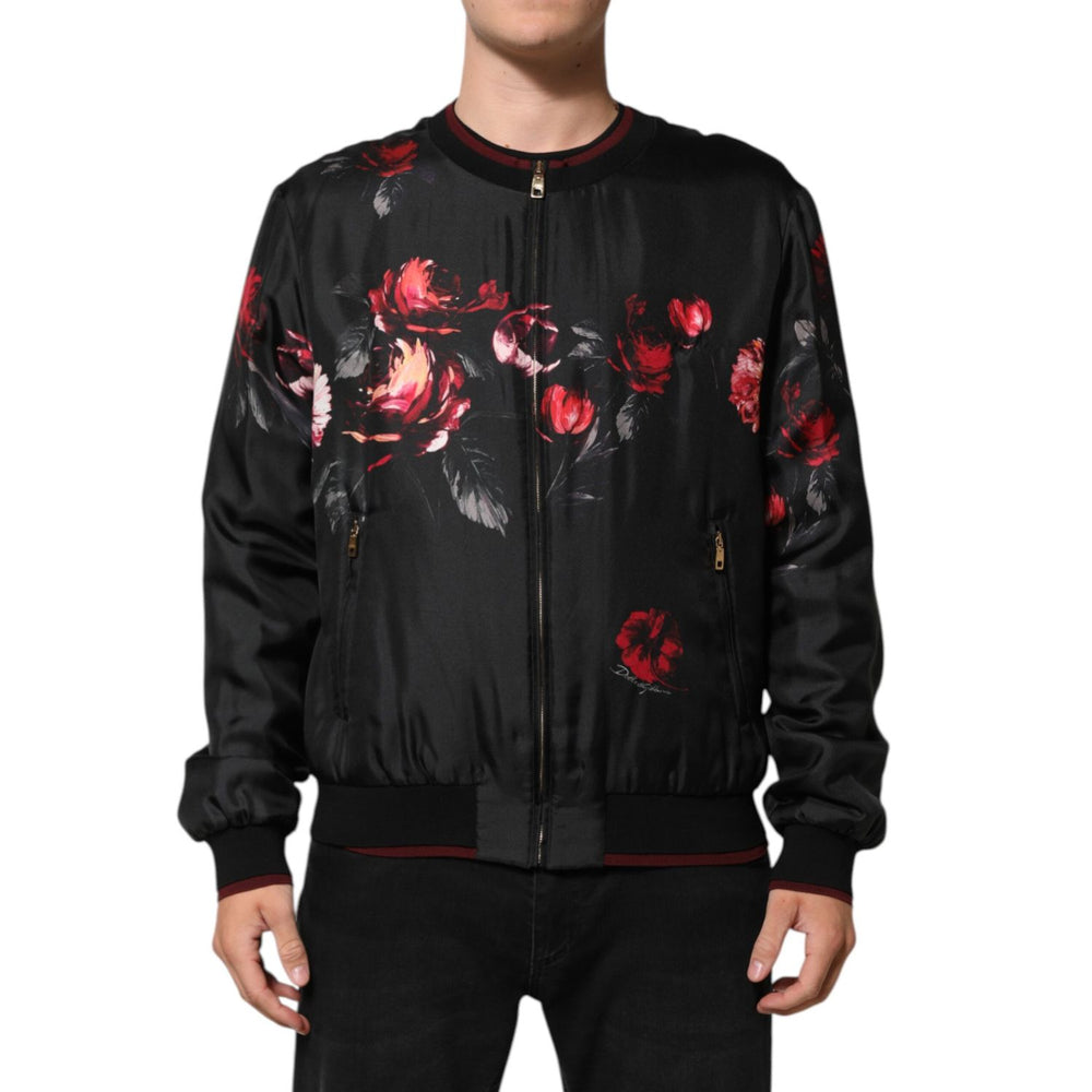 Dolce & Gabbana Black Red Floral Silk Bomber Blouson Jacket with zip closure and burgundy accents.