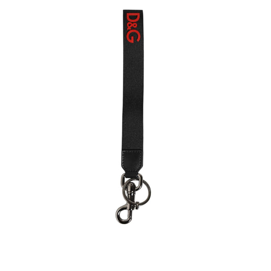 Dolce & Gabbana Black Red Logo Polyester Brass Holder Keychain Keyring with silver detailing, showcasing luxury and style.