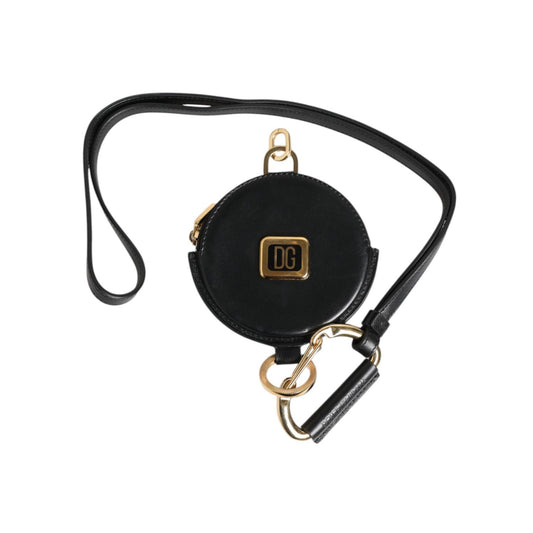 Dolce & Gabbana Black Round Leather DG Logo Coin Purse Lanyard Wallet SMY11036