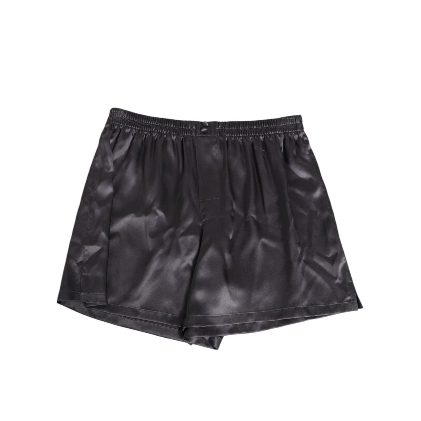 Dolce & Gabbana Black Satin Silk Elastic Men Boxer Short Swimwear with luxurious finish and classic design, featuring logo details.