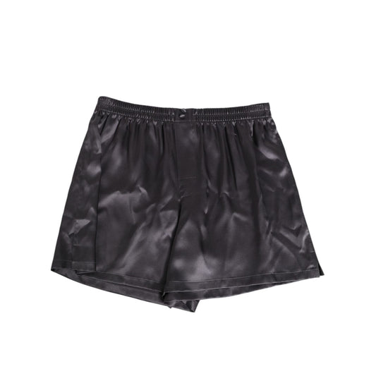 Dolce & Gabbana Black Satin Silk Elastic Men Boxer Short Swimwear with button detail, luxurious loungewear showcasing elegance and comfort.