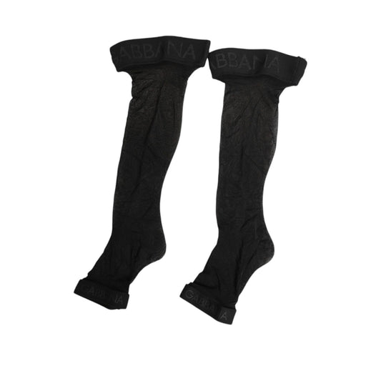 Dolce & Gabbana Black Sheer Nylon Logo Band Over-the-Knee Stocking Socks with logo waistband, elegant and sophisticated design.