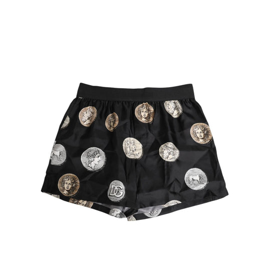 Dolce & Gabbana Black Silk Ancient Coin Print Boxer Short Swimwear, featuring elegant coin design on lightweight fabric.