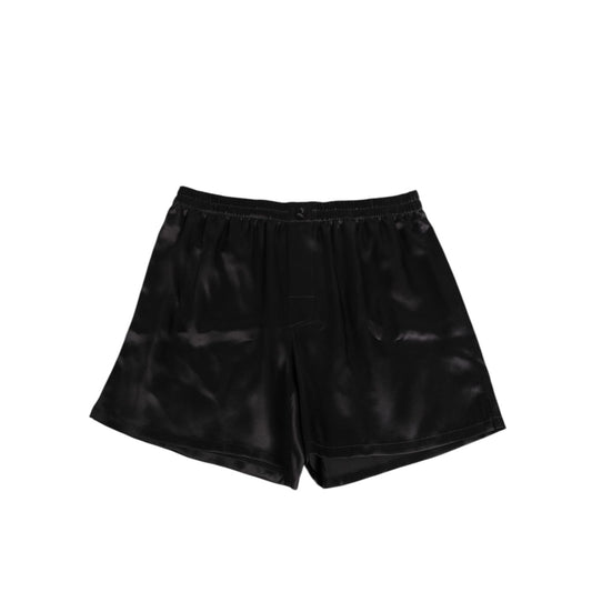 Dolce & Gabbana Black Silk Satin Elastic Men Boxer Short Swimwear, showcasing luxury silk fabric with elastic waistband and logo detail.