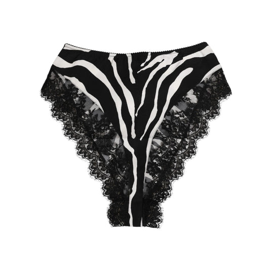 Dolce & Gabbana Black Silk Zebra Print Lace High Waist Underwear with exotic design and feminine elegance.