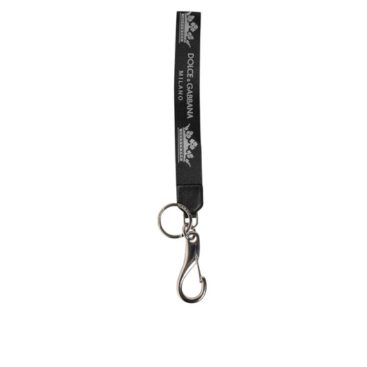 Dolce & Gabbana Black Silver Nylon DG Crown Men's Holder Keychain Keyring with logo and crown design in black and silver.