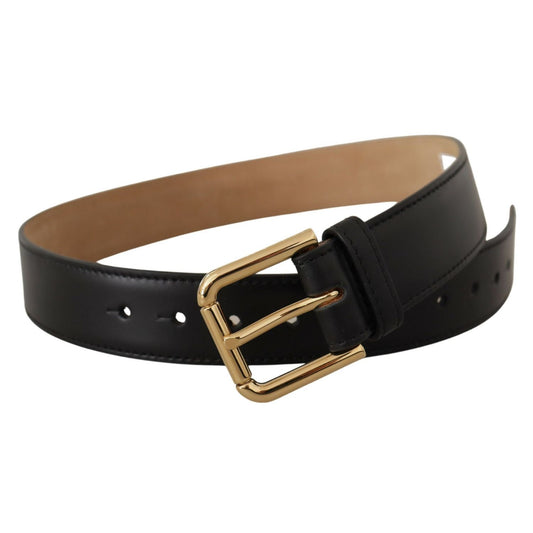 Dolce & Gabbana Black Solid Leather Classic Gold Waist Buckle Belt for women, with logo details, crafted from high-quality Italian leather.