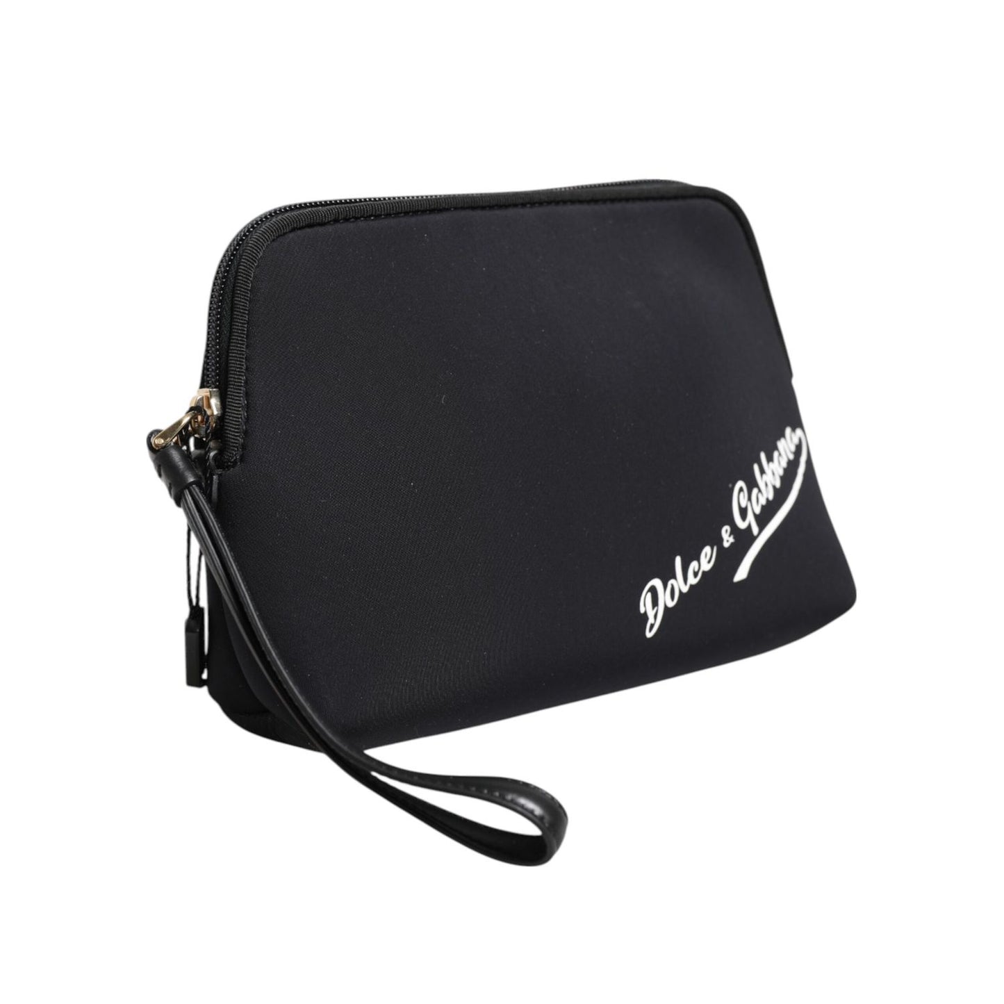 Dolce & Gabbana Black Solid Nylon DG LogoPrint Clutch Zip Borse Pouch Bag with wrist strap and zipper, gold-tone hardware