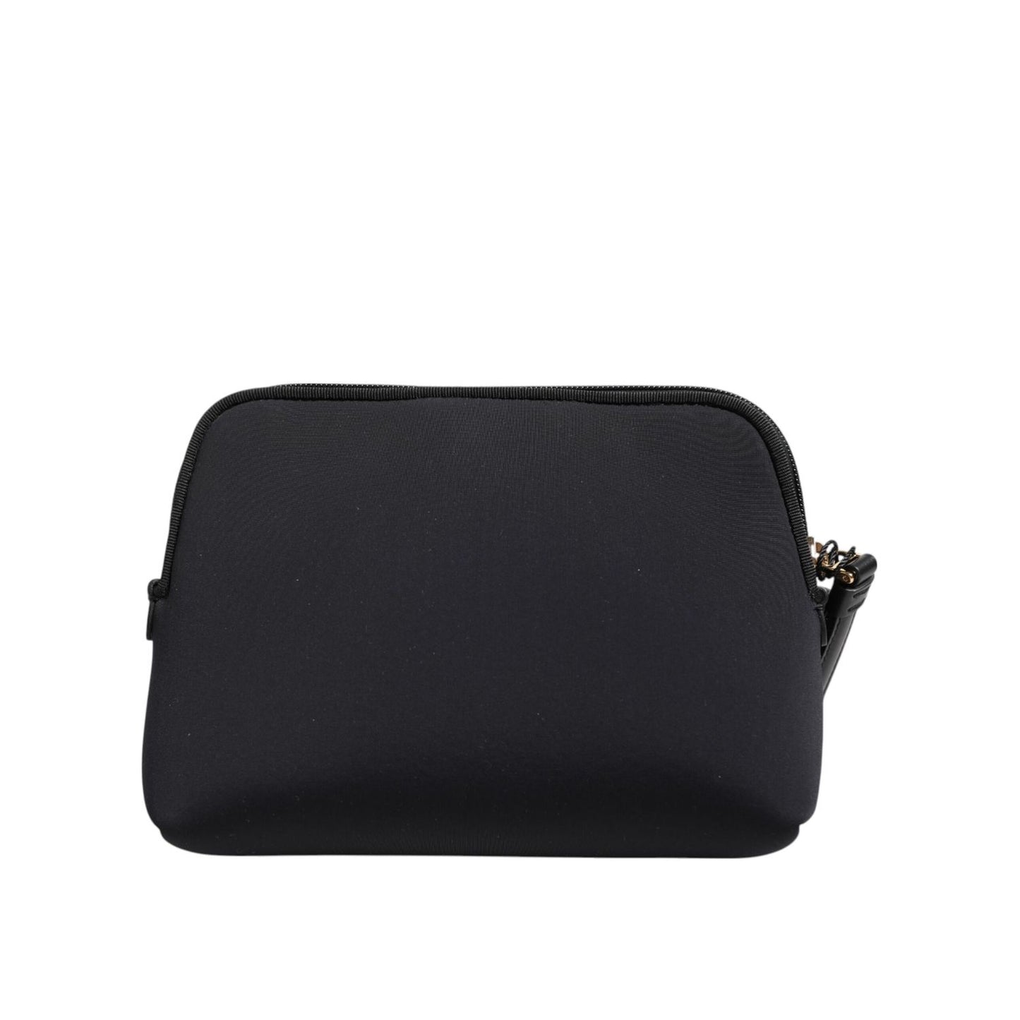 Dolce & Gabbana Black Solid Nylon DG LogoPrint Clutch Zip Borse Pouch Bag with gold-tone hardware and wrist strap, front view.