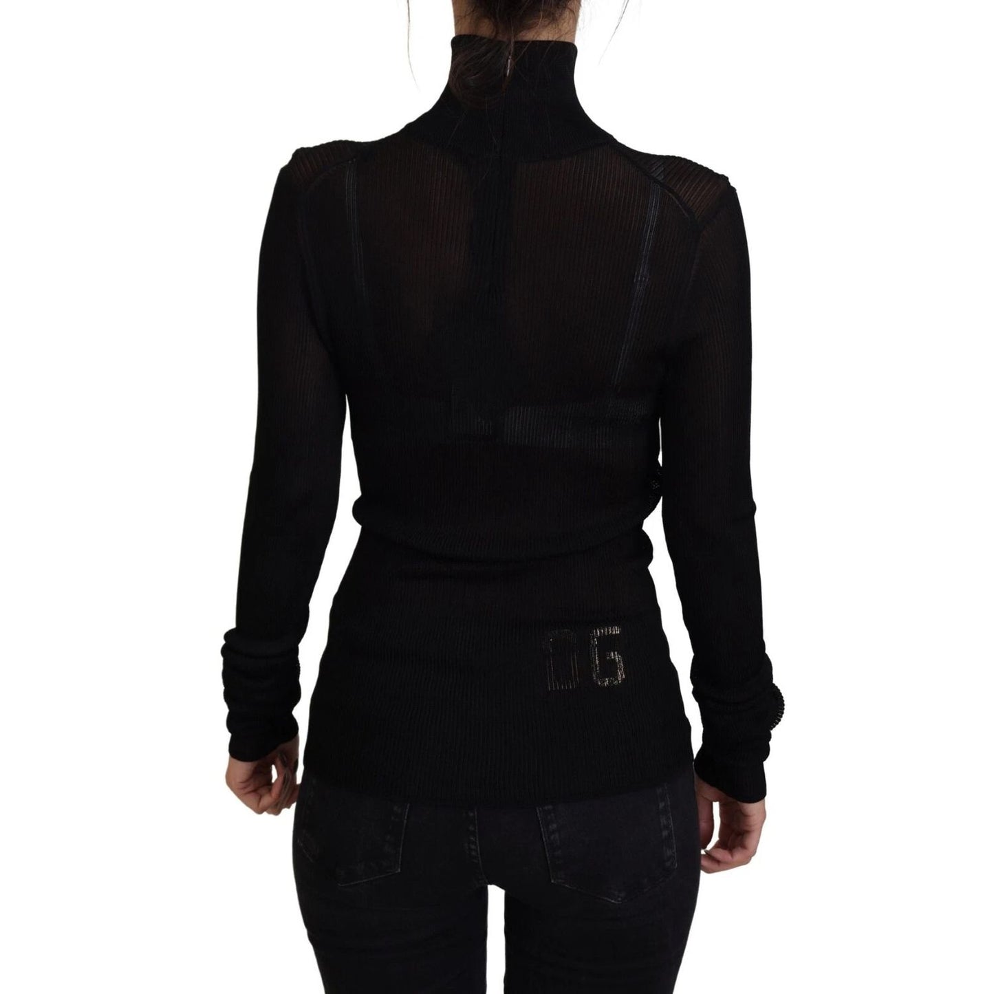 Back view of Dolce & Gabbana Black Turtleneck Slim Fit Pullover Sweater with zipper closure, logo details, and ribbed knitwear design.