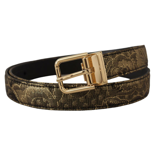 Dolce & Gabbana Black Two-toned Leather Gold Engraved Buckle Belt with adjustable closure and embossed logo detailing.