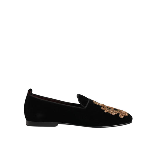 Dolce & Gabbana Black Velvet Gold Crown Mens Loafers Shoes with luxurious design and logo detail.