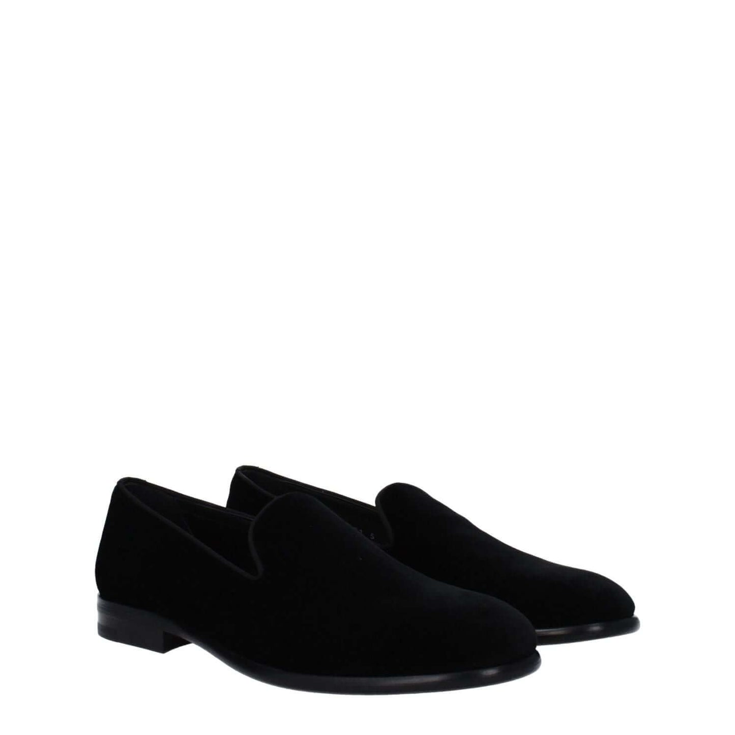 Dolce & Gabbana Black Velvet Slip-On Loafers with leather soles and round toe design. Stylish, low-heel, flat velvet shoes.