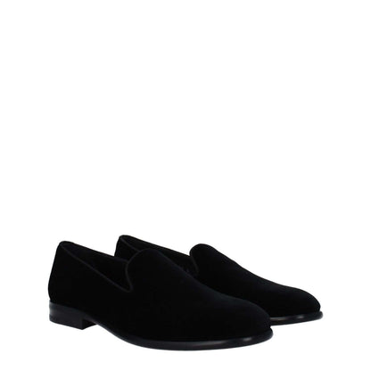 Dolce & Gabbana Black Velvet Slip-On Loafers with leather soles and round toe design. Stylish, low-heel, flat velvet shoes.