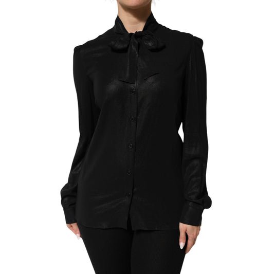 Dolce & Gabbana Black Viscose Long Sleeve Tie Neck Blouse Top with button front and chic silhouette, made in Italy.