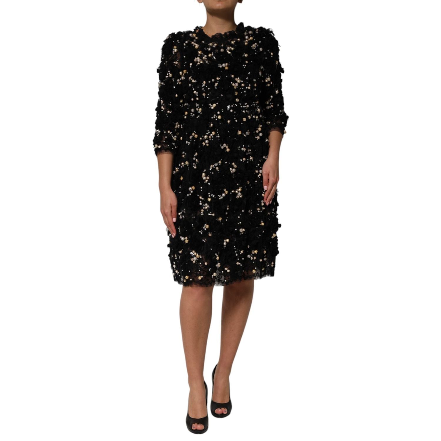 Dolce & Gabbana Black Viscose Pearl Embellishment Shift Dress