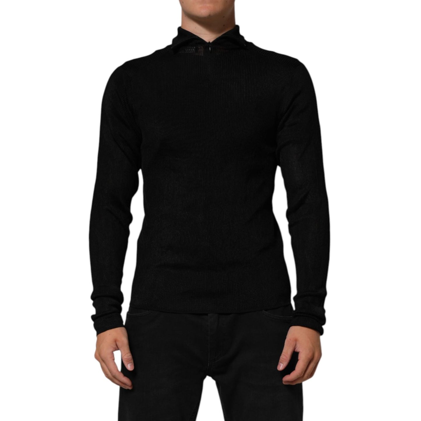 Man wearing Dolce & Gabbana Black Viscose Turtle Neck Pullover Sweater with zipper closure, showcasing sleek design and logo details.