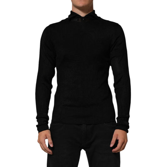 Dolce & Gabbana Black Viscose Turtle Neck Pullover Sweater with half zipper, modeled standing alone, emphasizing elegance and luxury.