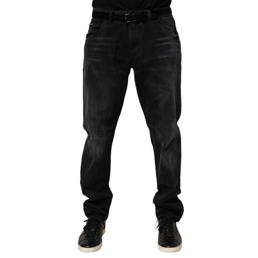 Dolce & Gabbana Black Washed Cotton Skinny Men Denim Jeans showcasing sleek modern design and classic five-pocket style.