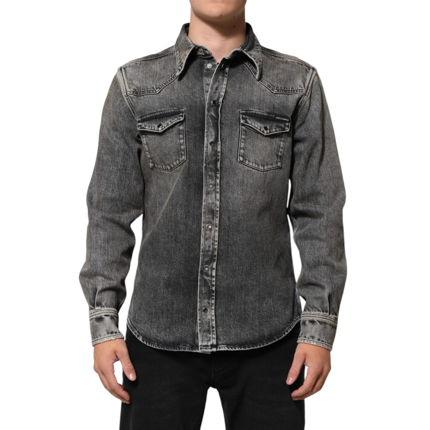 Dolce & Gabbana Black Washed Cotton Snap Long Sleeve Casual Shirt with western-style design and chest flap pockets.
