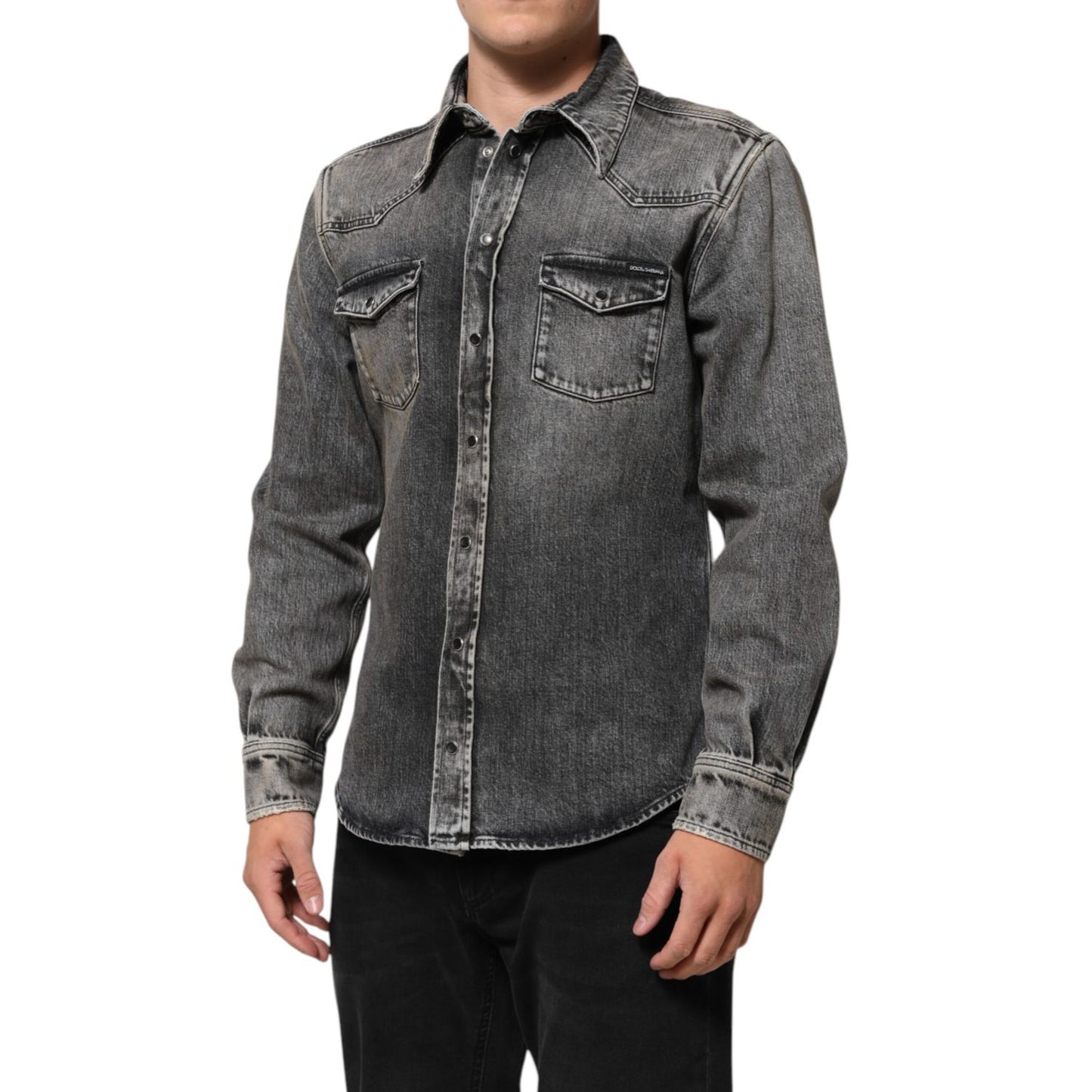 Dolce & Gabbana Black Washed Cotton Snap Long Sleeve Casual Shirt with western-style chest flap pockets and slim fit, worn by male model.