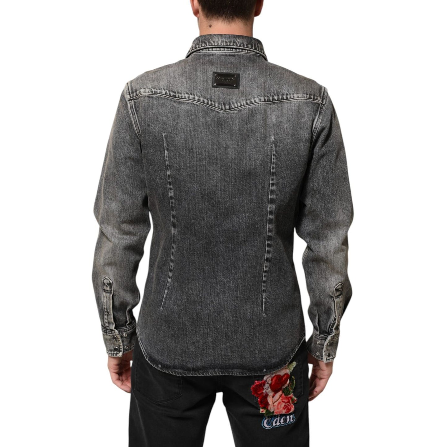 Dolce & Gabbana Black Washed Cotton Snap Long Sleeve Casual Shirt with western chest pockets and snap buttons, back view.