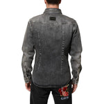 Dolce & Gabbana Black Washed Cotton Snap Long Sleeve Casual Shirt with western chest pockets and snap buttons, back view.