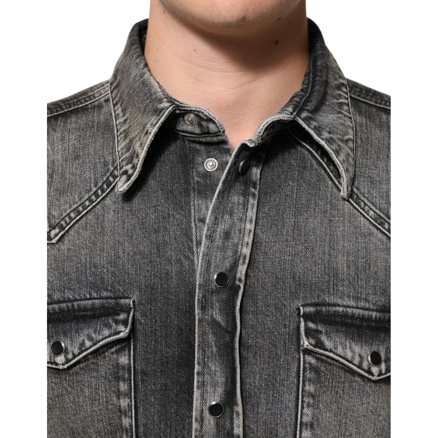 Dolce & Gabbana Black Washed Cotton Snap Long Sleeve Casual Shirt featuring chest flap pockets and snap button closure.