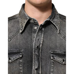 Dolce & Gabbana Black Washed Cotton Snap Long Sleeve Casual Shirt featuring chest flap pockets and snap button closure.