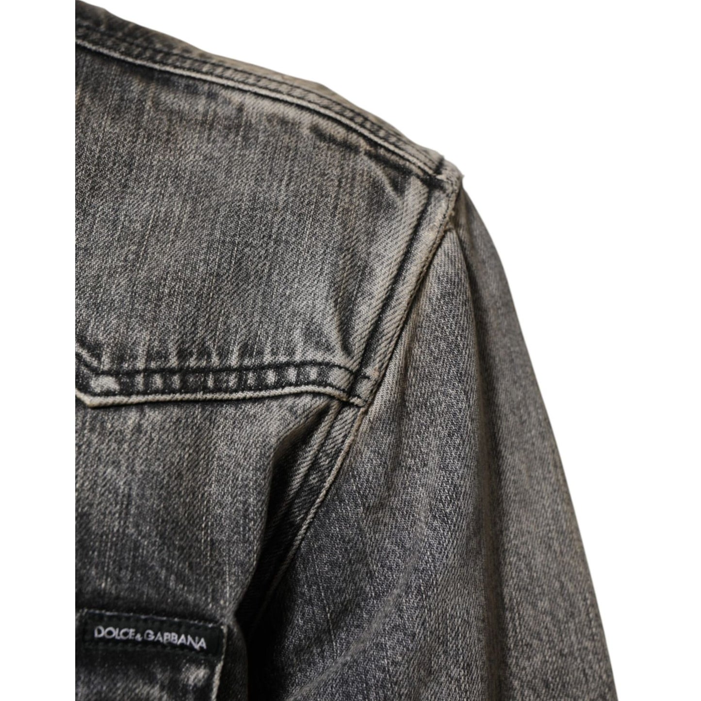 Close-up of Dolce & Gabbana Black Washed Cotton Snap Long Sleeve Casual Shirt with western-style stitching and distressed finish.