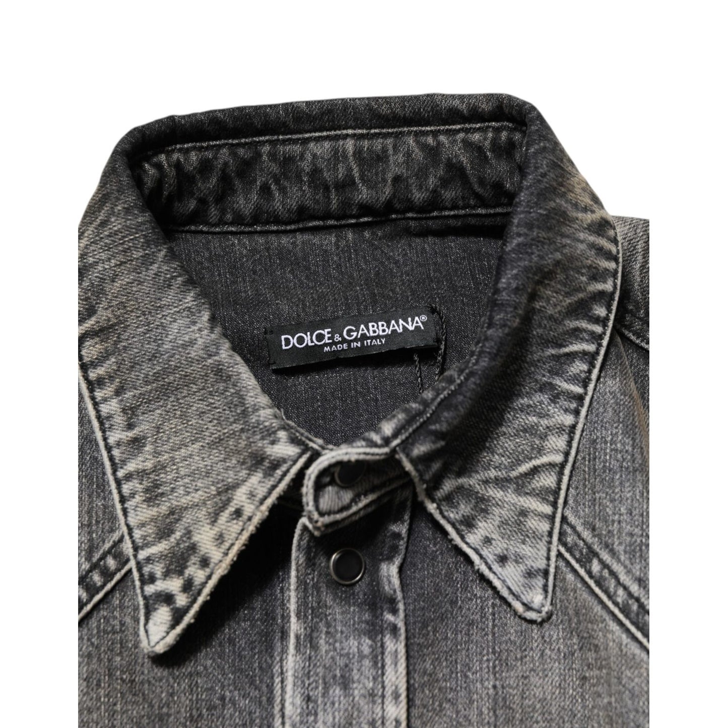 Dolce & Gabbana Black Washed Cotton Snap Long Sleeve Casual Shirt with snap button collar detail.
