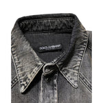 Dolce & Gabbana Black Washed Cotton Snap Long Sleeve Casual Shirt with snap button collar detail.