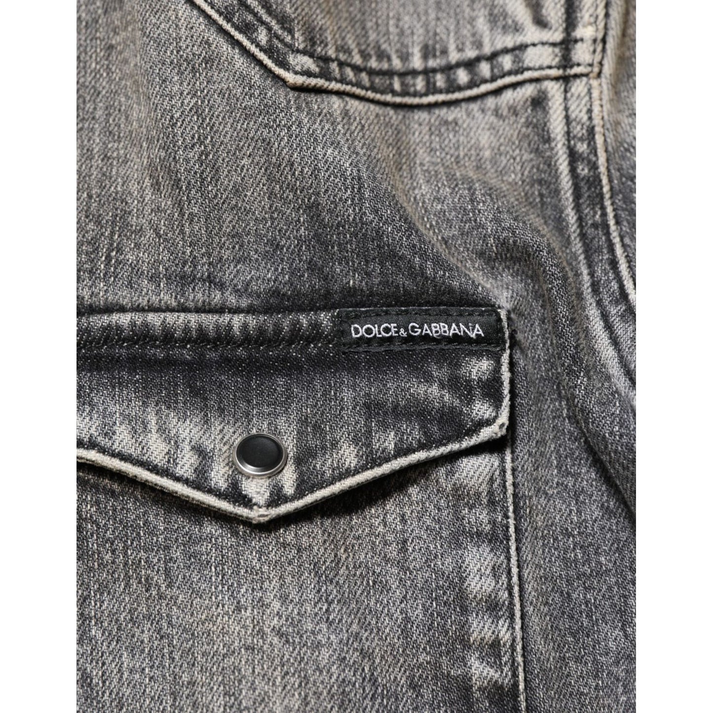 Dolce & Gabbana Black Washed Cotton Snap Long Sleeve Casual Shirt with distressed finish and logo detail on pocket.