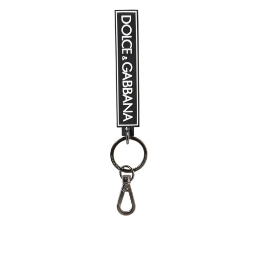 Dolce & Gabbana Black White DG Rubber Logo Silver Men's Holder Keyring with logo details and silver ring.