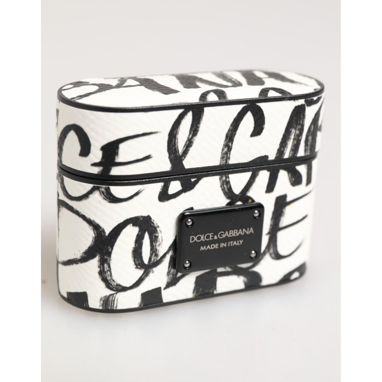 Dolce & Gabbana Black White Leather Monogram Print Logo Holder Airpods Case