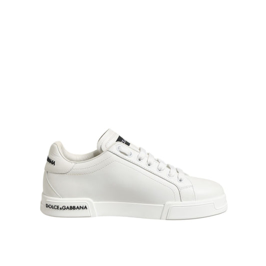 Dolce & Gabbana Black White Leather Portofino Sneaker Shoes with logo details, rubber sole, made of 100% calf leather, luxury footwear.